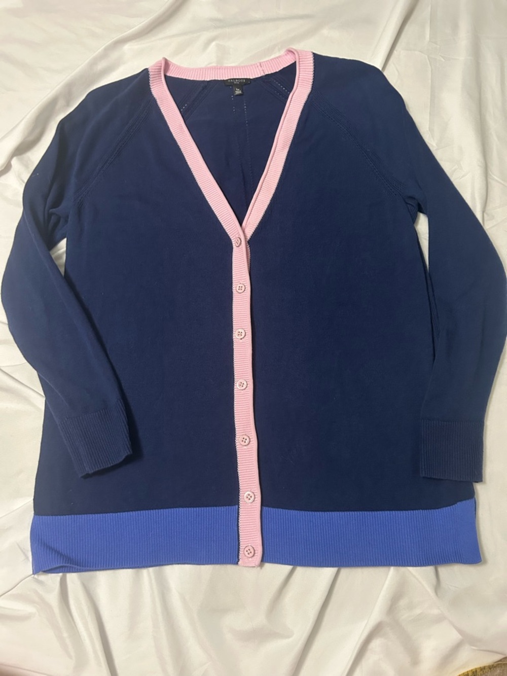 Talbots Petite Cardigan Size L Womens V Neck Knit Preppy Blue Pink Sweater - Picture 3 of 14